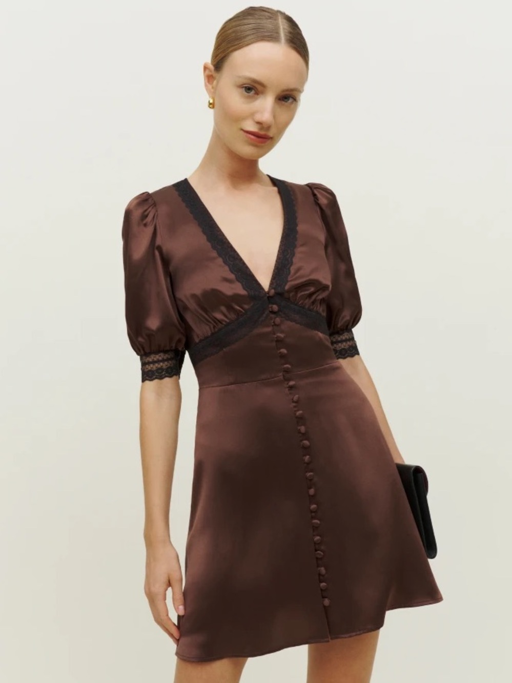 Reformation Brigitta Silk Dress Cafe Brown Mini Puff Sleeve Black Lace - Size 4